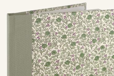 klassisches Notizbuch mit Blumenmotiv, grüne Rosen, Leinenrücken grün, weiße Seiten